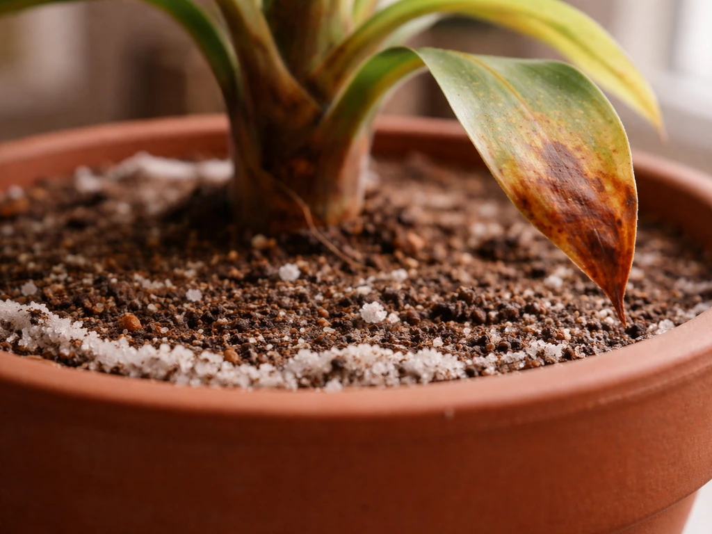 Close-up of a potted plant with white salt crust on soil and a leaf with scorched brown edges.