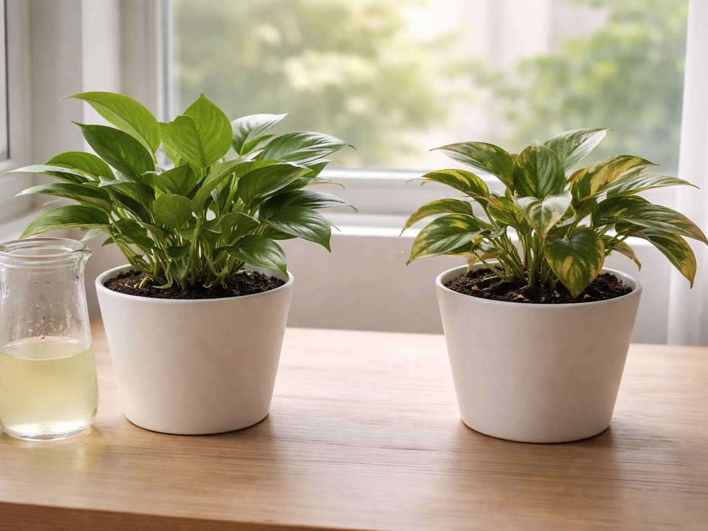 Two potted plants side by side: one briefly perked with diluted sports drink, the other showing later leaf edge burn.