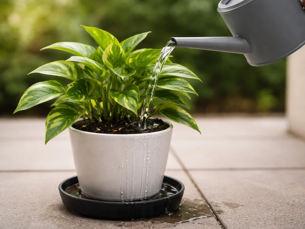 Watering a potted plant with plain water, with excess runoff draining from the bottom tray.