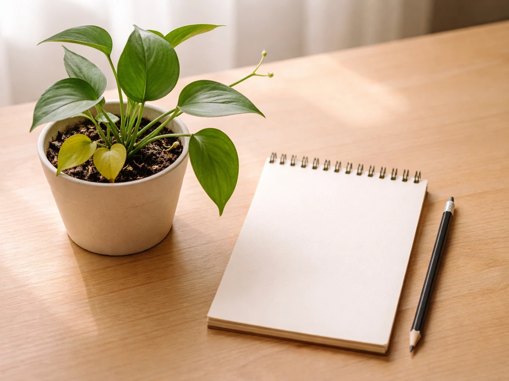 Minimal photo of a potted plant with yellowing and drooping leaves next to an empty notepad for a diagnosis checklist