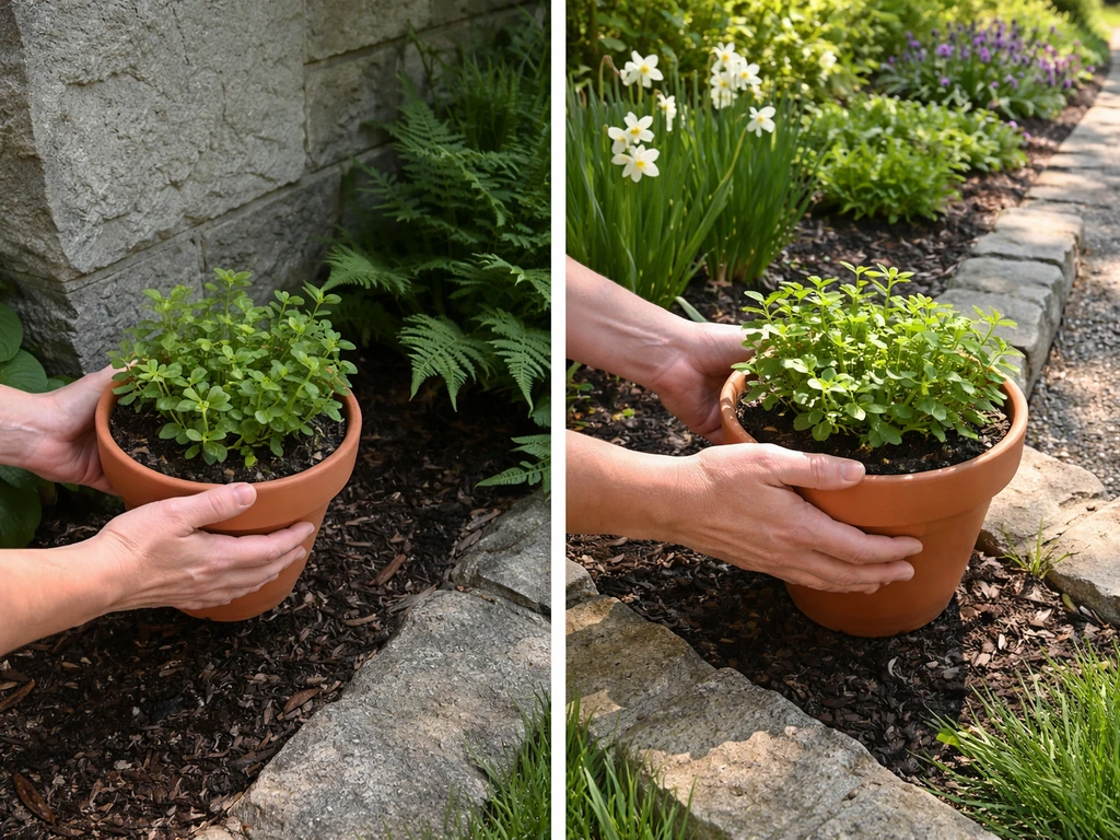 Hands move a potted plant from a shady corner into a sunnier garden bed along a path.
