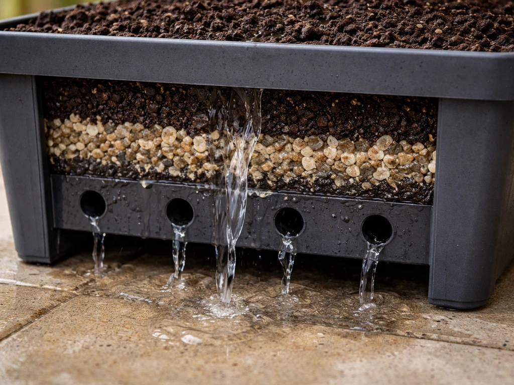 Water flows through visible drainage holes in a pot/raised bed, with gravel and soil layers showing aerated drainage.