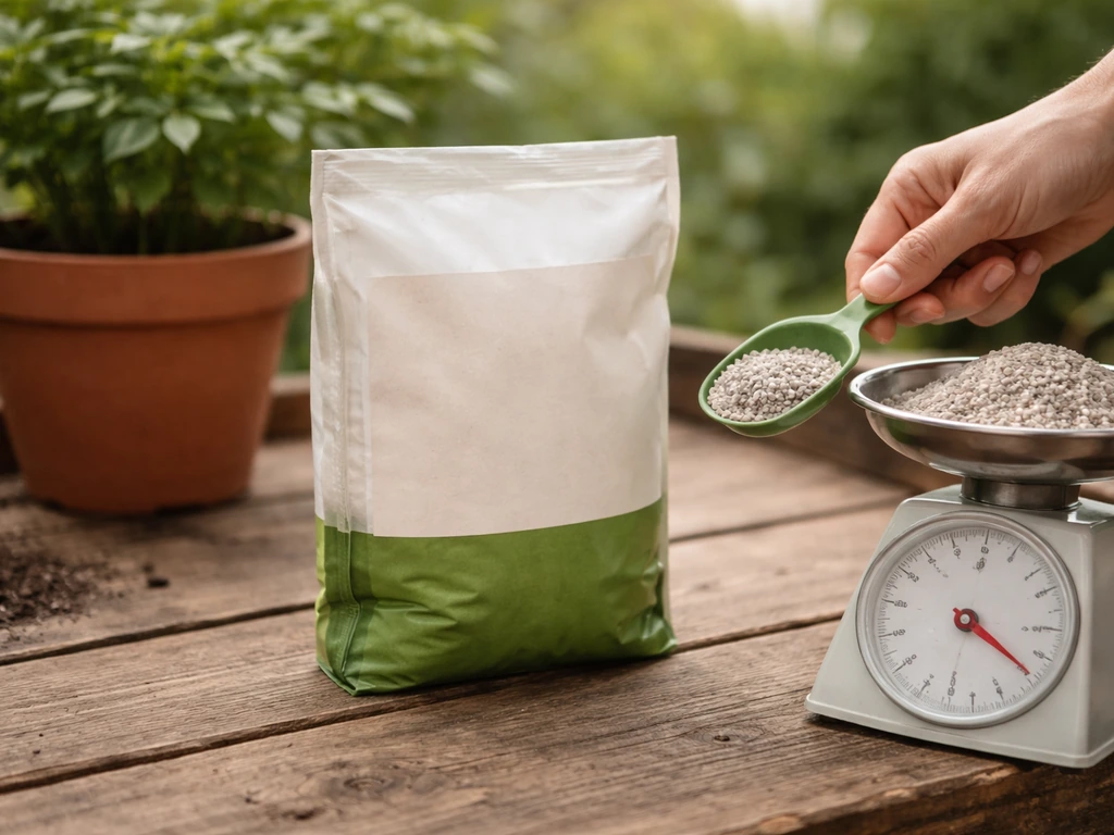 Close-up of a fertilizer bag, measuring scoop, and scale beside a potted plant during careful feeding.