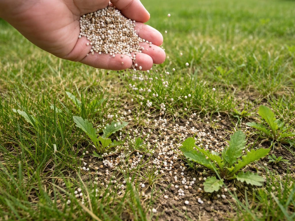 Close-up of fertilizer granules scattered on weedy turf, suggesting a sudden nutrient boost to weeds.