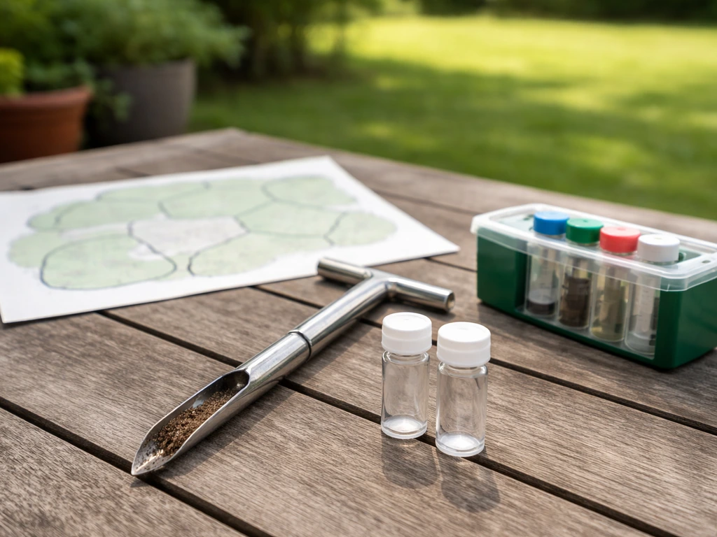 Soil test kit tools and a soil sample probe beside a simple lawn zone plan on a patio table