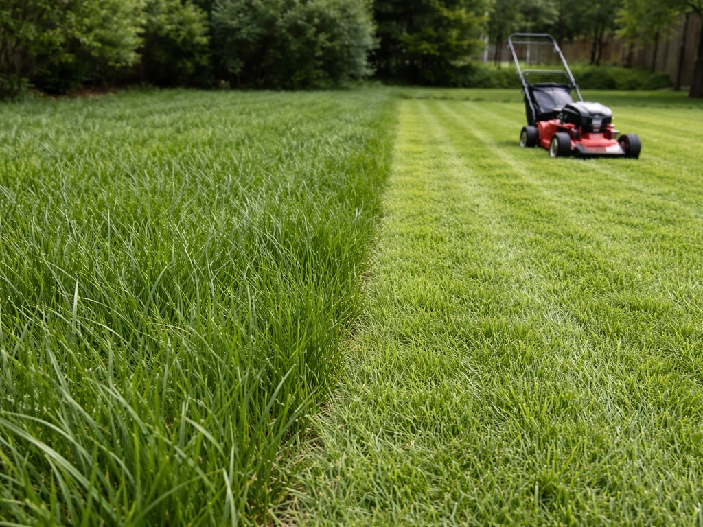 Lawn strip showing taller grass height versus shorter cut, with a mower nearby, before/after comparison.