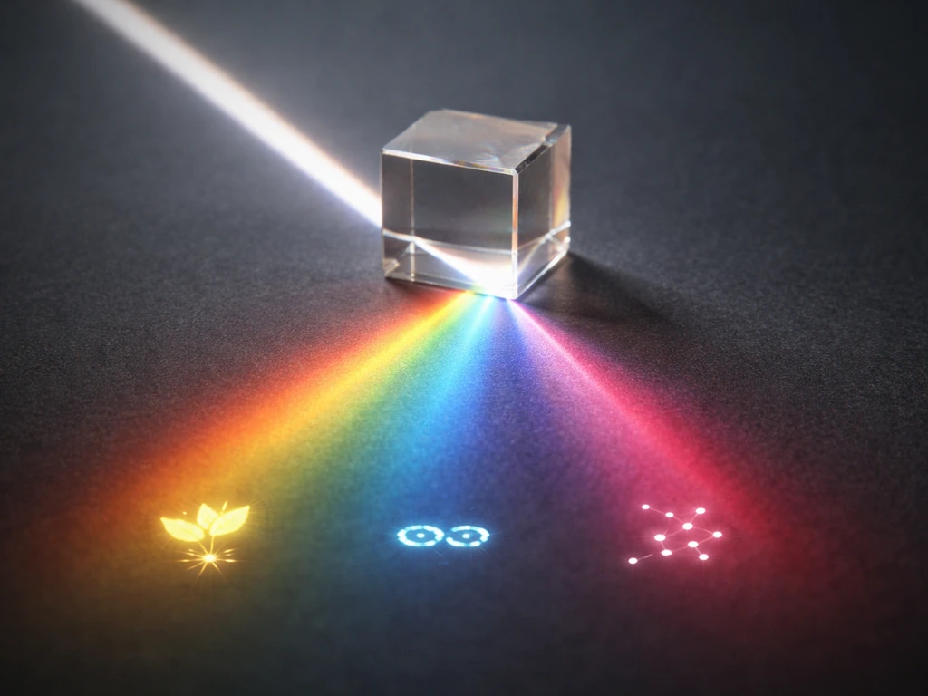 Minimal spectrum strip showing red, blue, and far-red with simple icons for photosynthesis and signaling