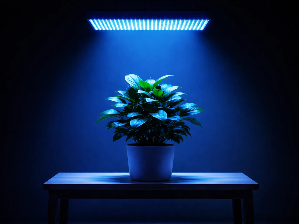 Blue LED panel shining on a single potted plant, highlighting compact leaves under blue light.