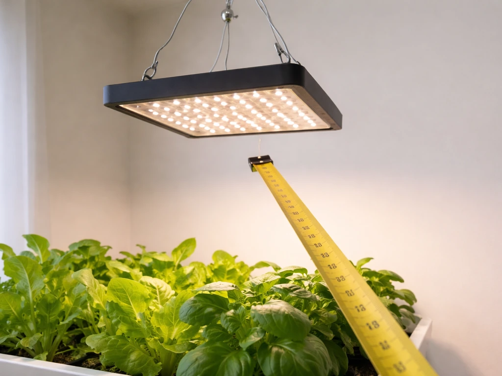 Home indoor grow setup with a hanging LED panel and a tape measure showing distance from plant canopy.