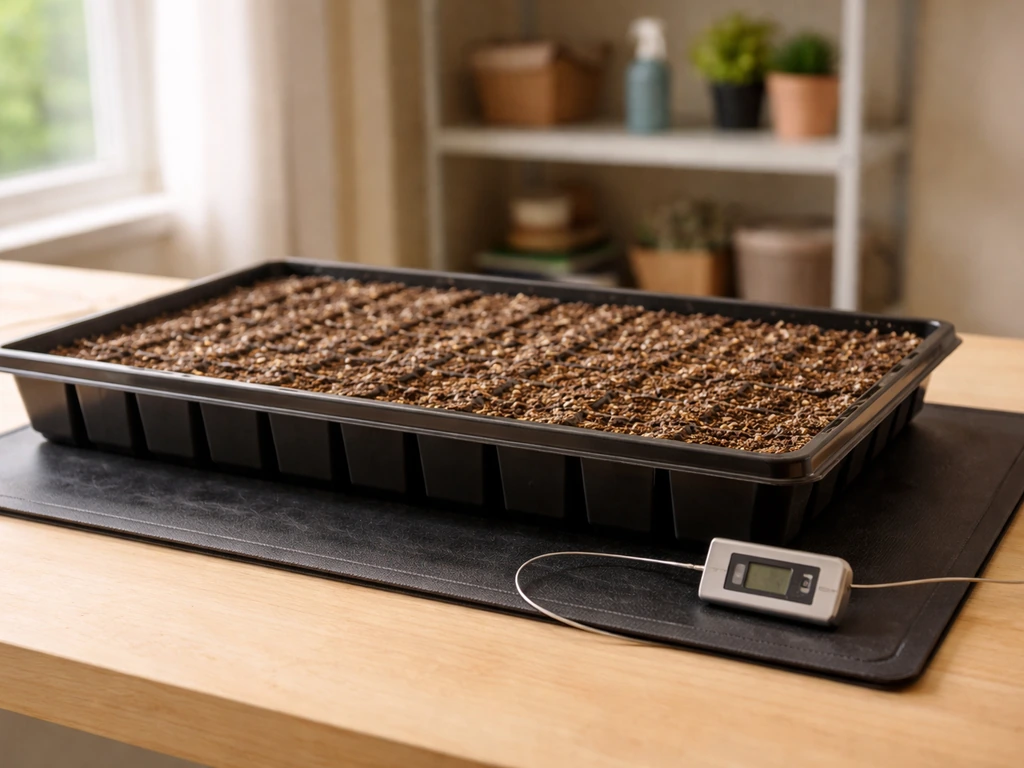 Seed-starting tray on a heat mat with a thermometer probe near the root zone in a tidy grow room.