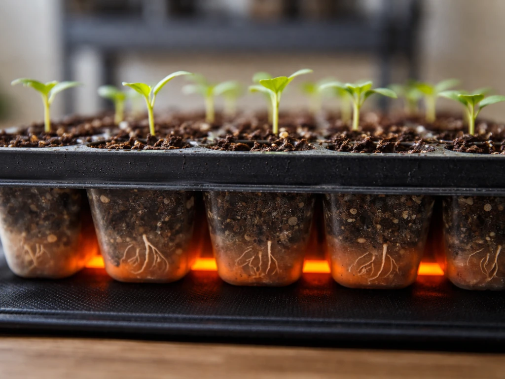 Close-up of seedlings in a tray warmed from below by a heat mat, highlighting the root-zone.