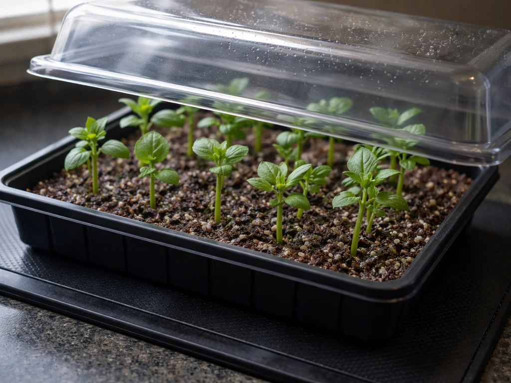 Leafy cuttings in a rooting tray on a black heat mat with soft natural light.