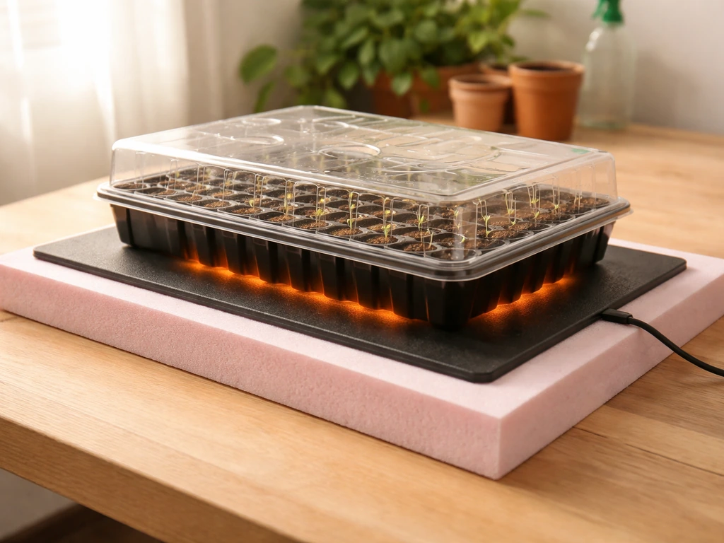 Heat mat under a seed-starting tray on an insulated foam board, showing underside heat transfer.