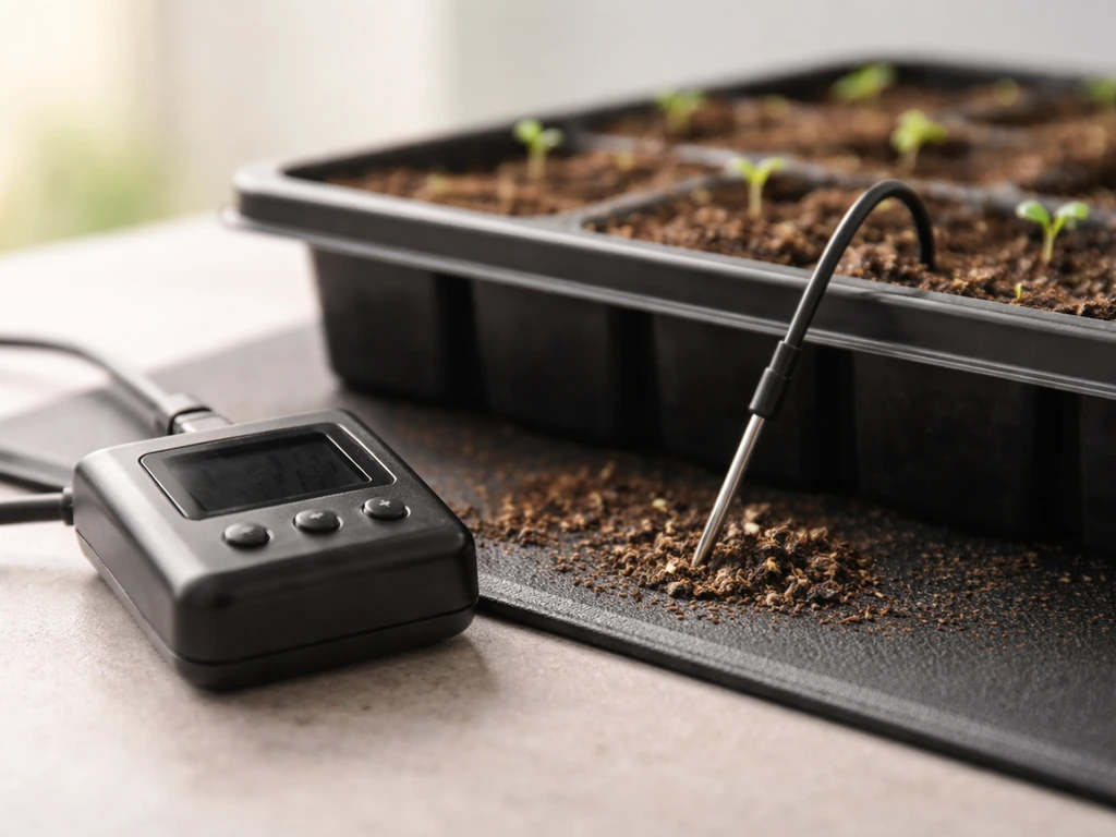 Close-up of a thermostat probe in growing medium connected to a heat mat, showing temperature control setup