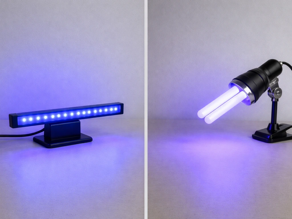 Two LED grow lights side by side: true blue strip glow versus a purplish aquarium actinic bulb glow.