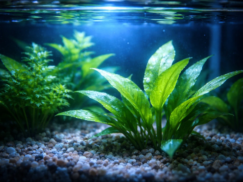 Blue actinic light illuminating aquarium plants and gravel in a clear tank with no visible fish.
