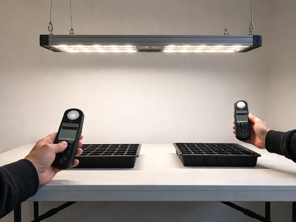 Grow light with a handheld light meter at two distances showing dimmer light farther away.