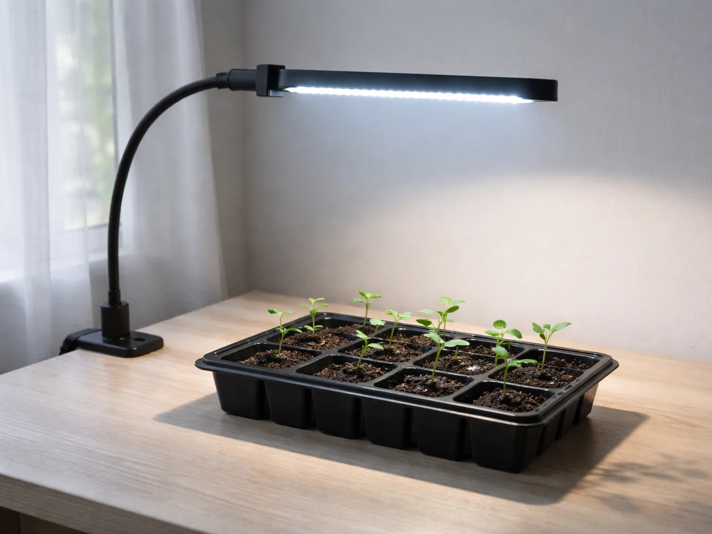 Seedlings under a compact blue LED grow light in a simple home grow setup.