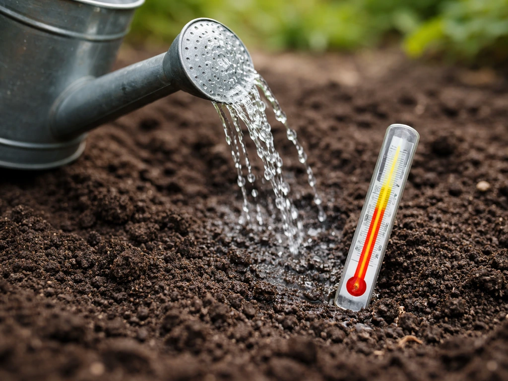 Garden watering can and soil, with a simple thermometer showing cool to hot water ranges