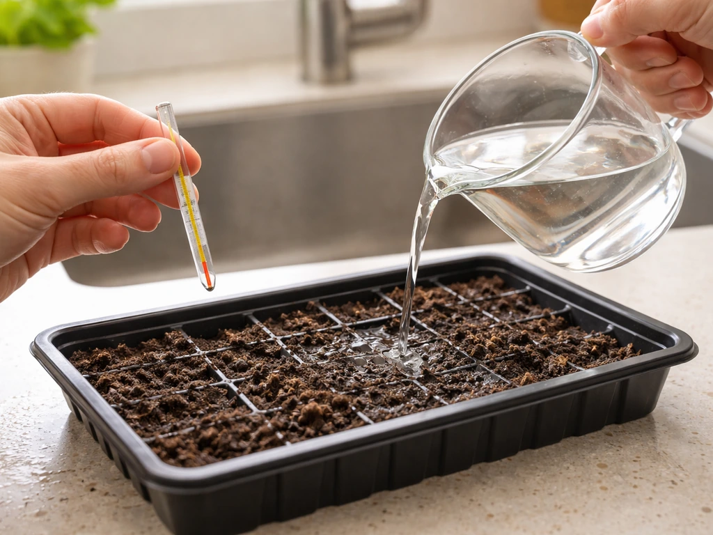 Warm water being measured with a thermometer, then poured into a seed-starting tray for safe watering.