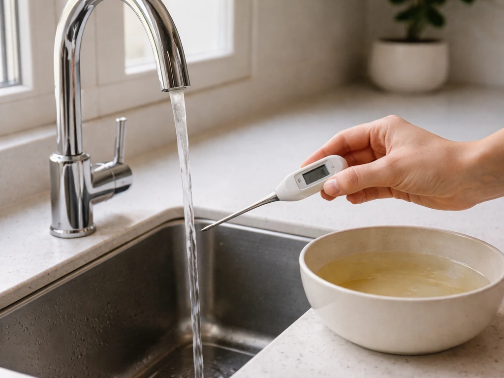 Hand holding a kitchen thermometer at a sink faucet while a bowl of warm water waits nearby