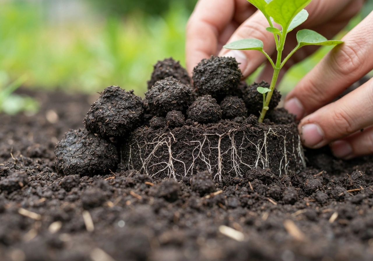 Dark crumbly compost mixed into rich garden soil around a small plant’s roots.
