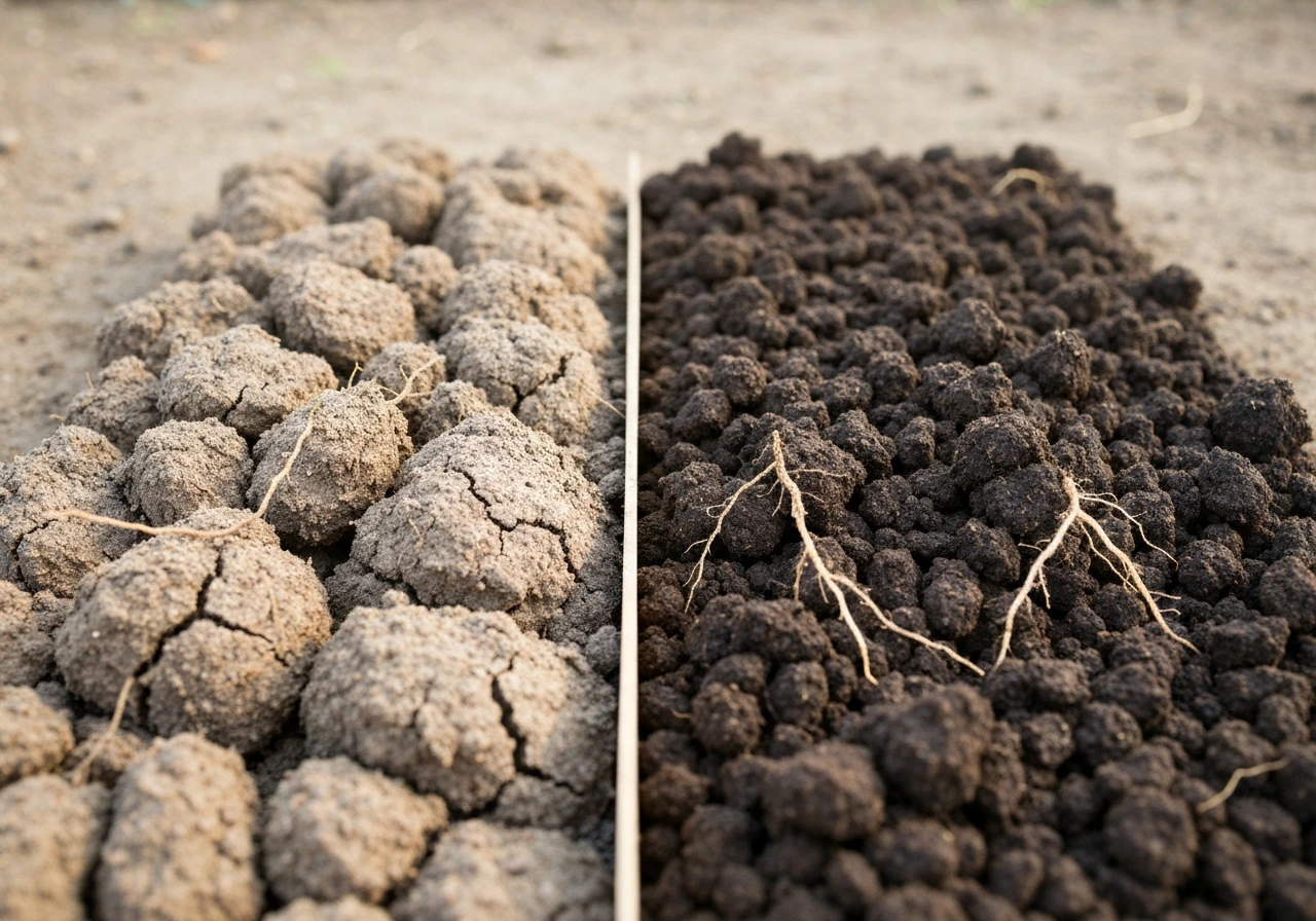Split view of compacted soil vs compost-amended soil with darker crumbly texture and visible roots