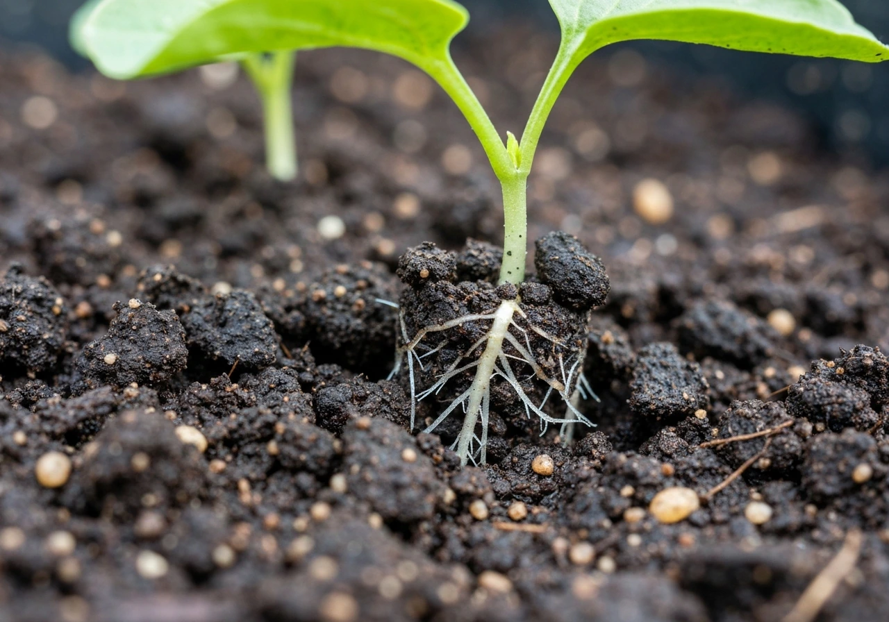 Close-up compost and dark soil with tiny roots and seedling leaves showing nutrient-rich, slow-release uptake.