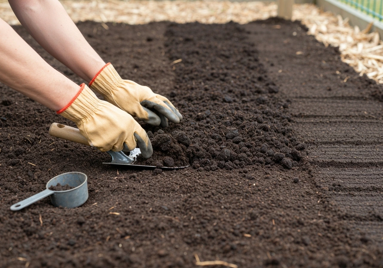 Hands spreading a 2-inch compost layer over a new garden bed and lightly mixing it into the top soil