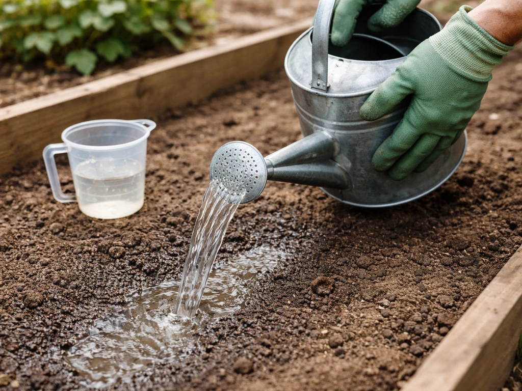 Hand pouring diluted liquid from watering can onto lightly watered garden soil bed with gloves and measuring cup.