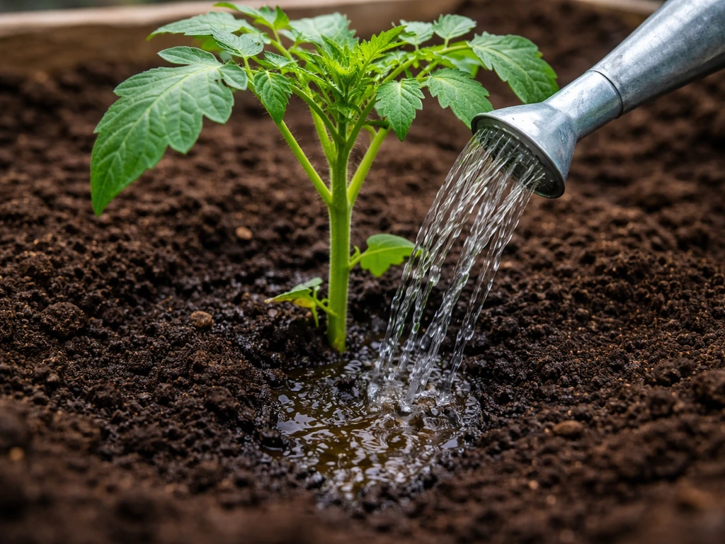 Diluted liquid poured from a watering can onto moist soil at a plant’s base, avoiding leaves.
