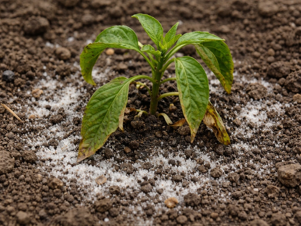 Crusty white salt residue on soil near stressed plant leaves, suggesting salinity stress.