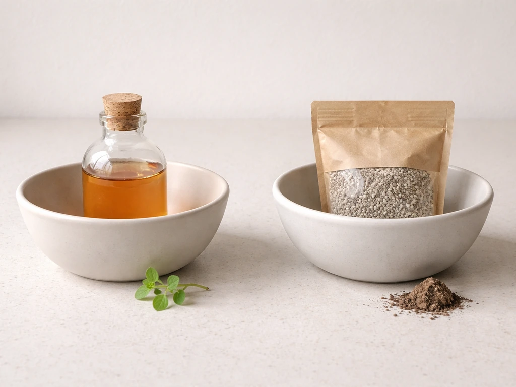 Split view of a clear bottle of diluted liquid and a small fertilizer bag, with subtle visual cues