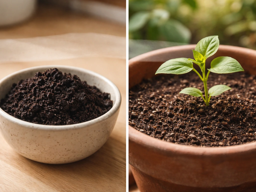 Half photo of coffee grounds in a small bowl and soil bed with a leafy plant, suggesting myth vs reality.