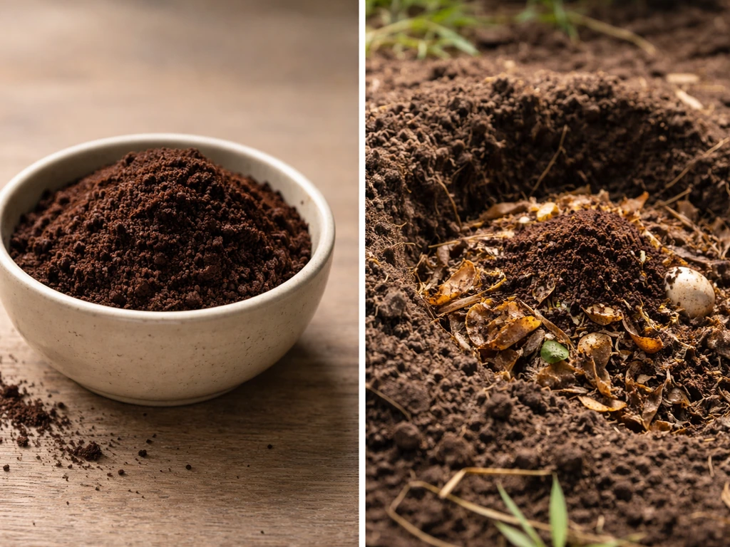 Coffee grounds in a small bowl beside a compost pile ready for adding grounds.