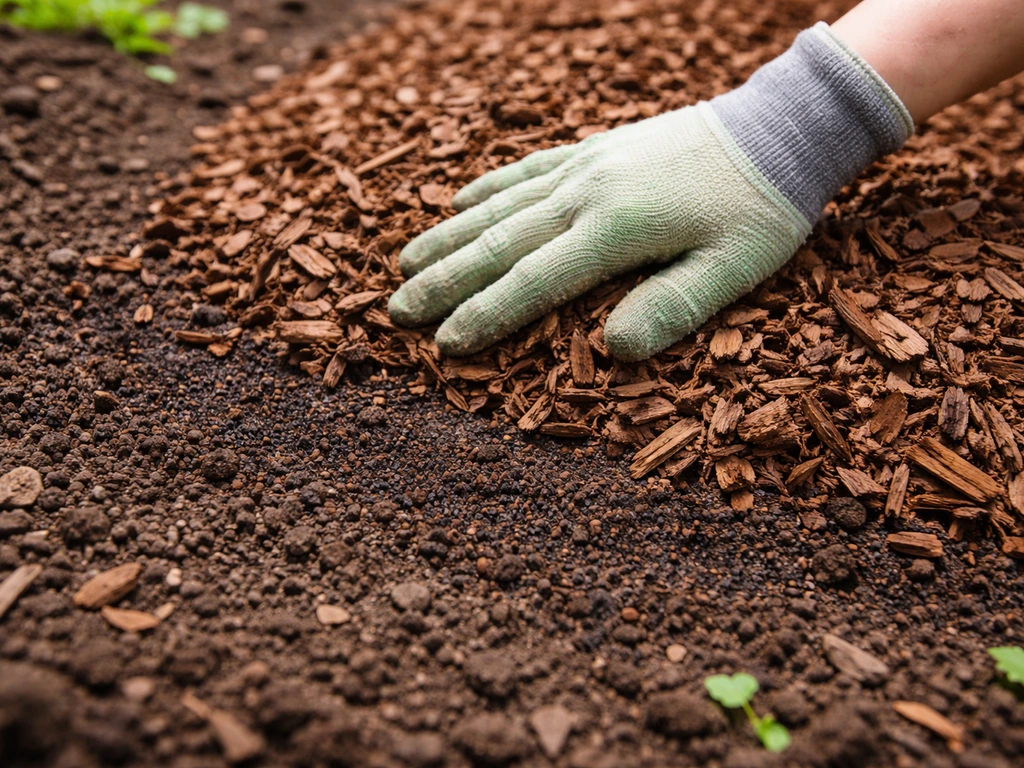 Thin layer of coffee grounds under coarse bark mulch on garden soil bed.