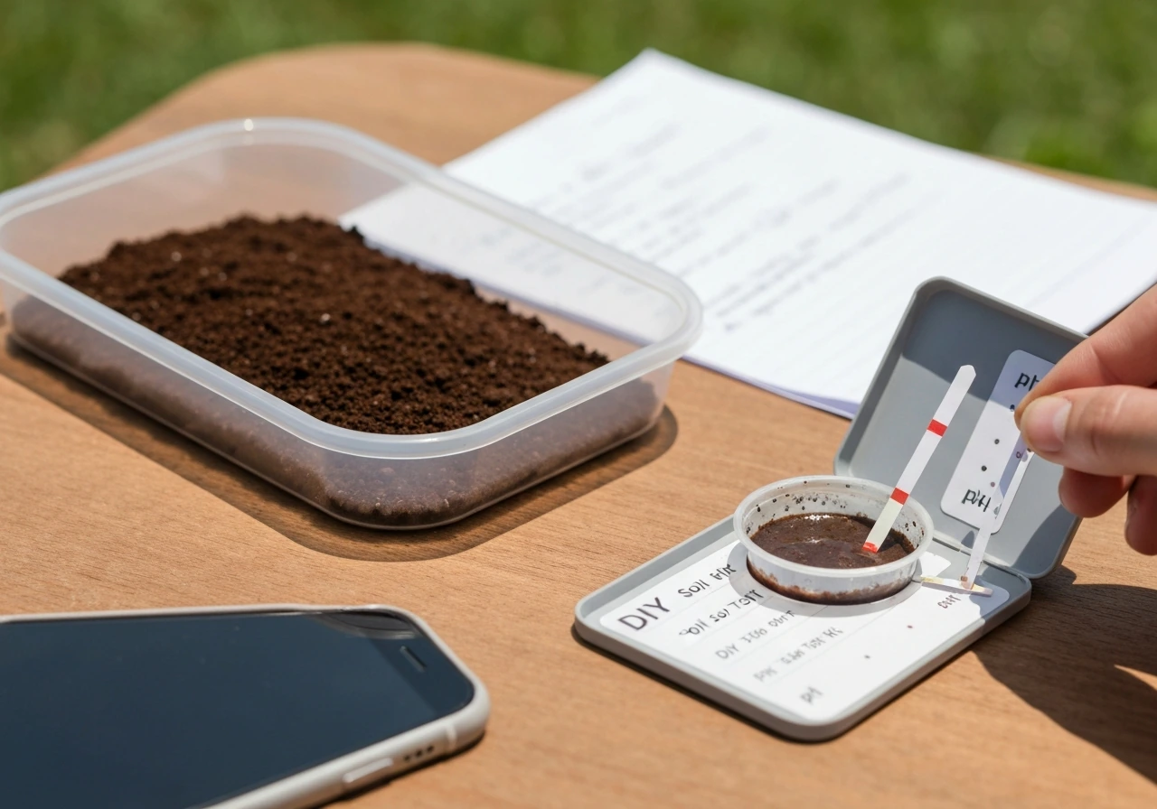 Close-up of a soil pH strip and home soil test kit next to coffee grounds on a gardening tray.