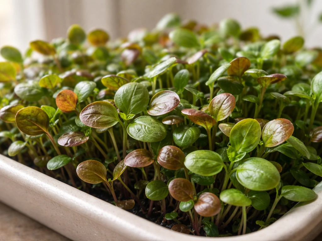 Close-up of herb sprout leaves with deeper color suggesting low-dose UVB boosting phenolics, in soft daylight