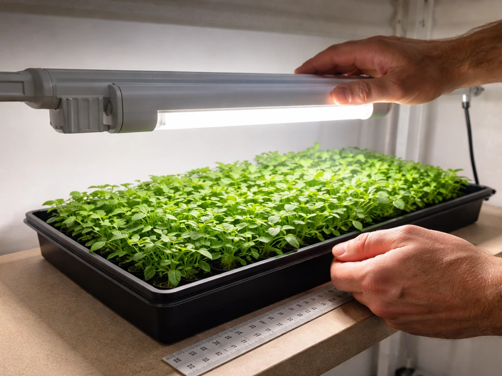 Hands positioning a UVB lamp over a plant tray while a measuring tape shows the lamp-to-canopy distance.