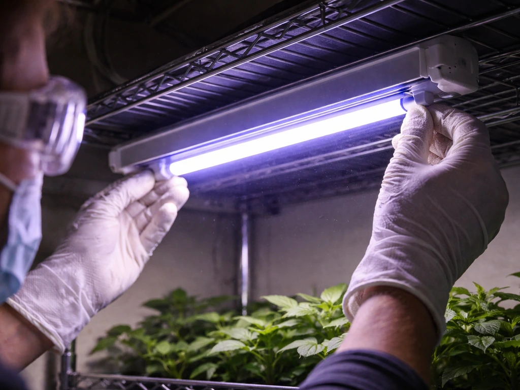 Gloved hands adjust a UVB grow lamp above plants inside a small grow space, with protective goggles on.