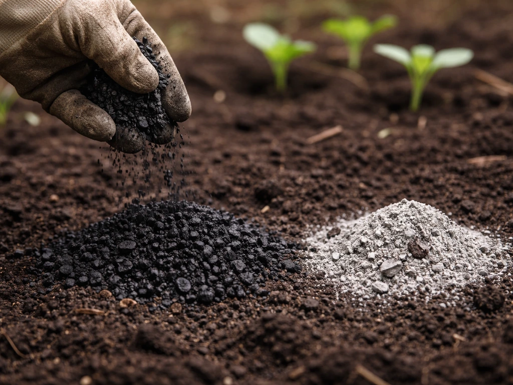 Close-up of biochar and wood ash being added to soil in a garden bed next to seedlings.