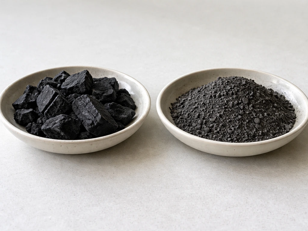 Side-by-side view of chunky biochar and separate powdery wood charcoal ash on a neutral surface