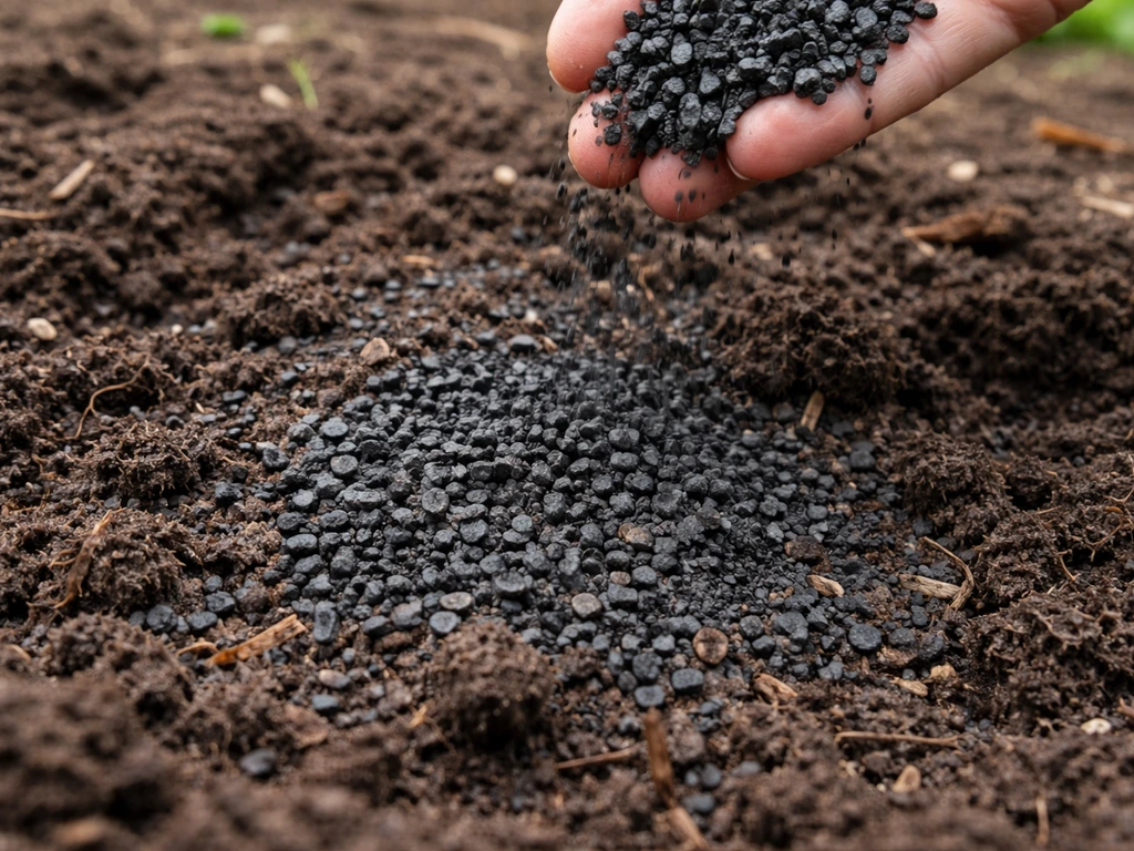 Close-up of dark biochar granules being mixed into moist garden soil.