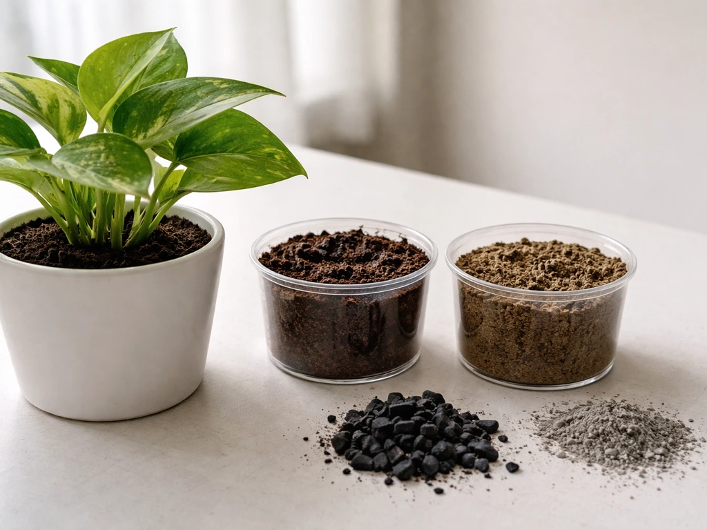 Tabletop photo of a potted plant beside two soil samples with charcoal and ash.