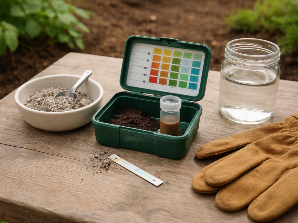 Home soil pH test kit on a garden table beside measured wood ash/biochar and gloves.
