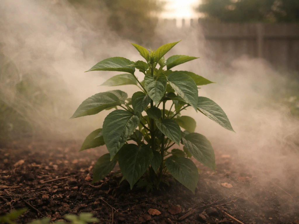 Green plant in a garden partially hidden by drifting wildfire smoke haze, leaves soft-focus through smoke.