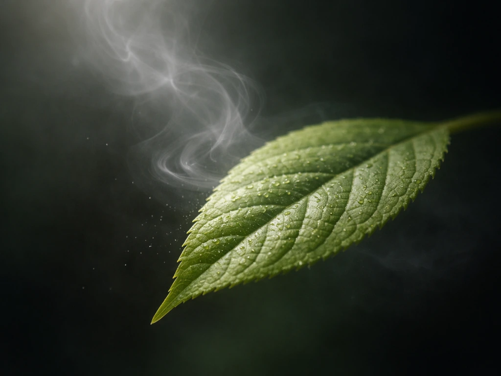 Macro leaf with faint smoke haze showing light reduction, fumes, and tiny particulates settling on its surface.