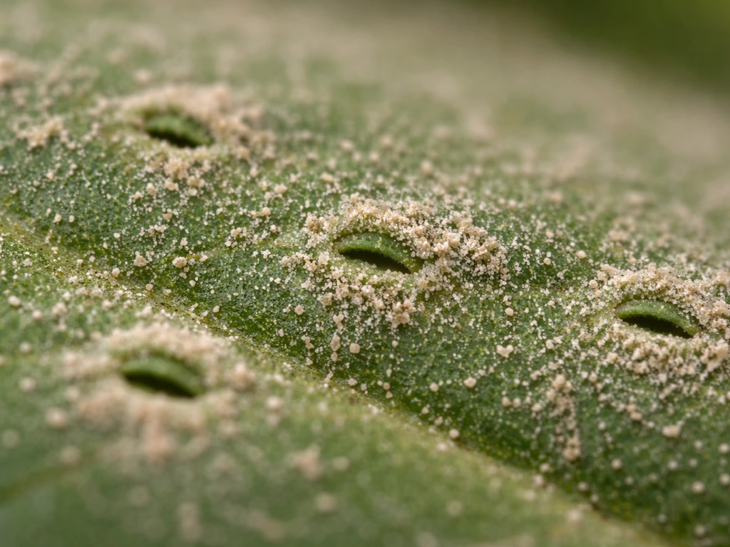 Macro view of a leaf with stomata and fine particulate residue across the surface.