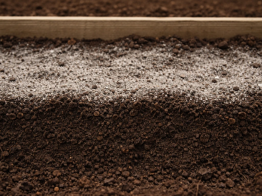 Close-up cross-section of a garden soil bed with wood ash layer and lighter ash-stained top soil.
