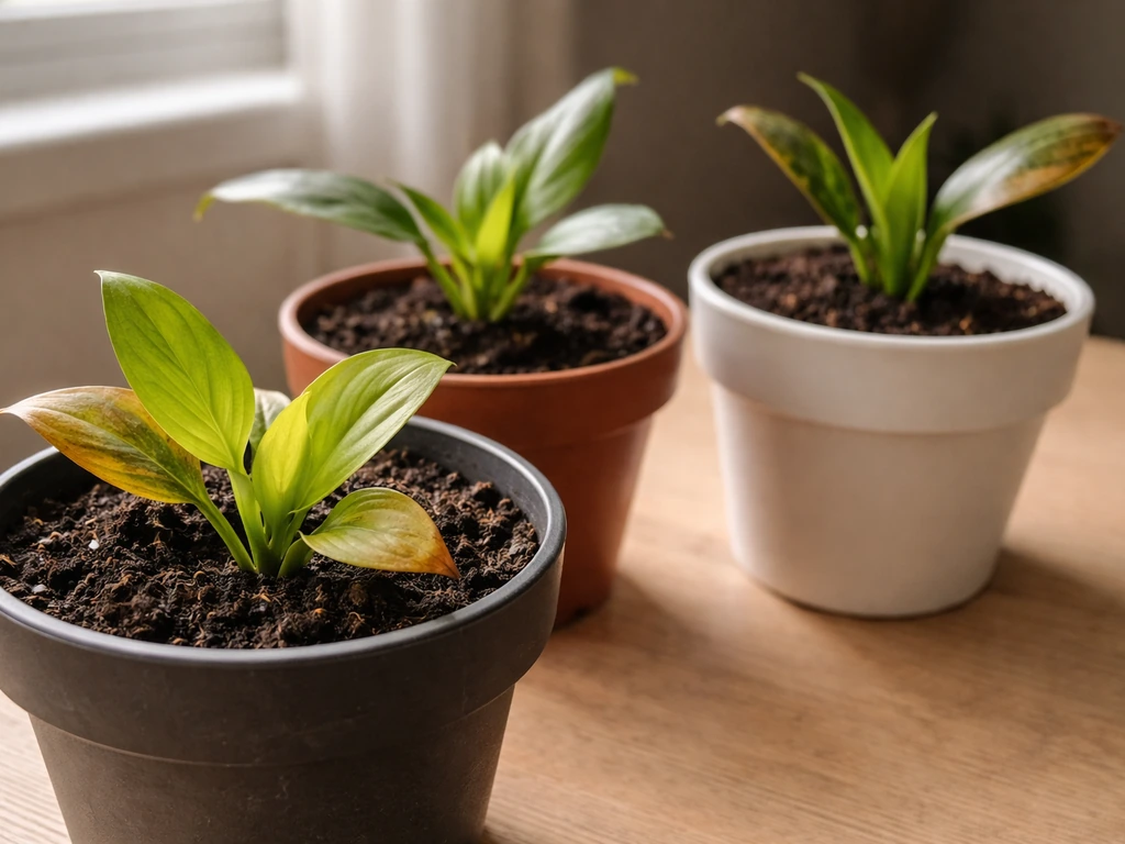 Three small houseplants with fresh green new leaves emerging alongside slightly damaged older leaves.